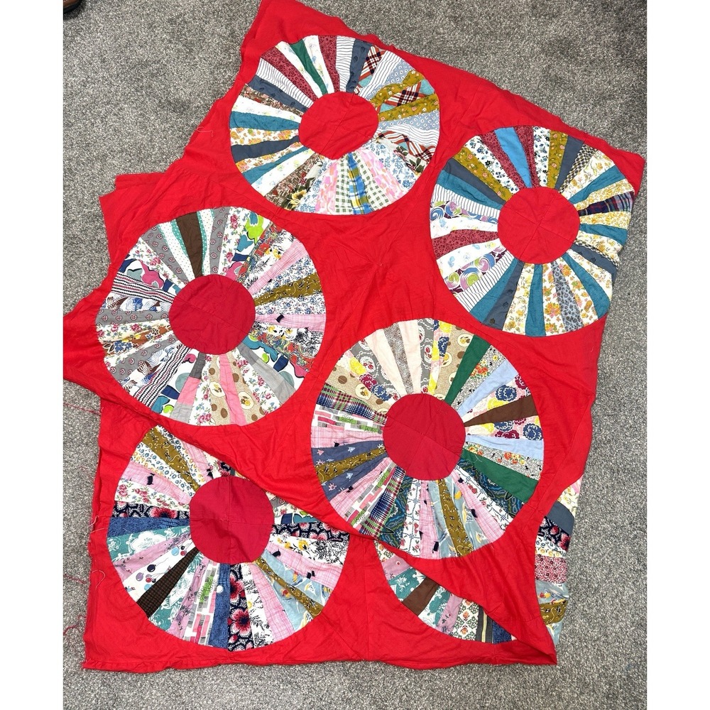 Vintage Quilt Top Bed Spread Dresden Plate Hand quilted 70x72 Approx. Unfinished